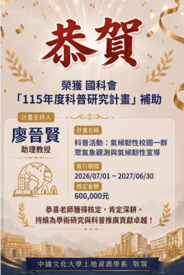 恭賀 廖晉賢老師 榮獲國科會「115年度科普研究計畫」補助！圖片